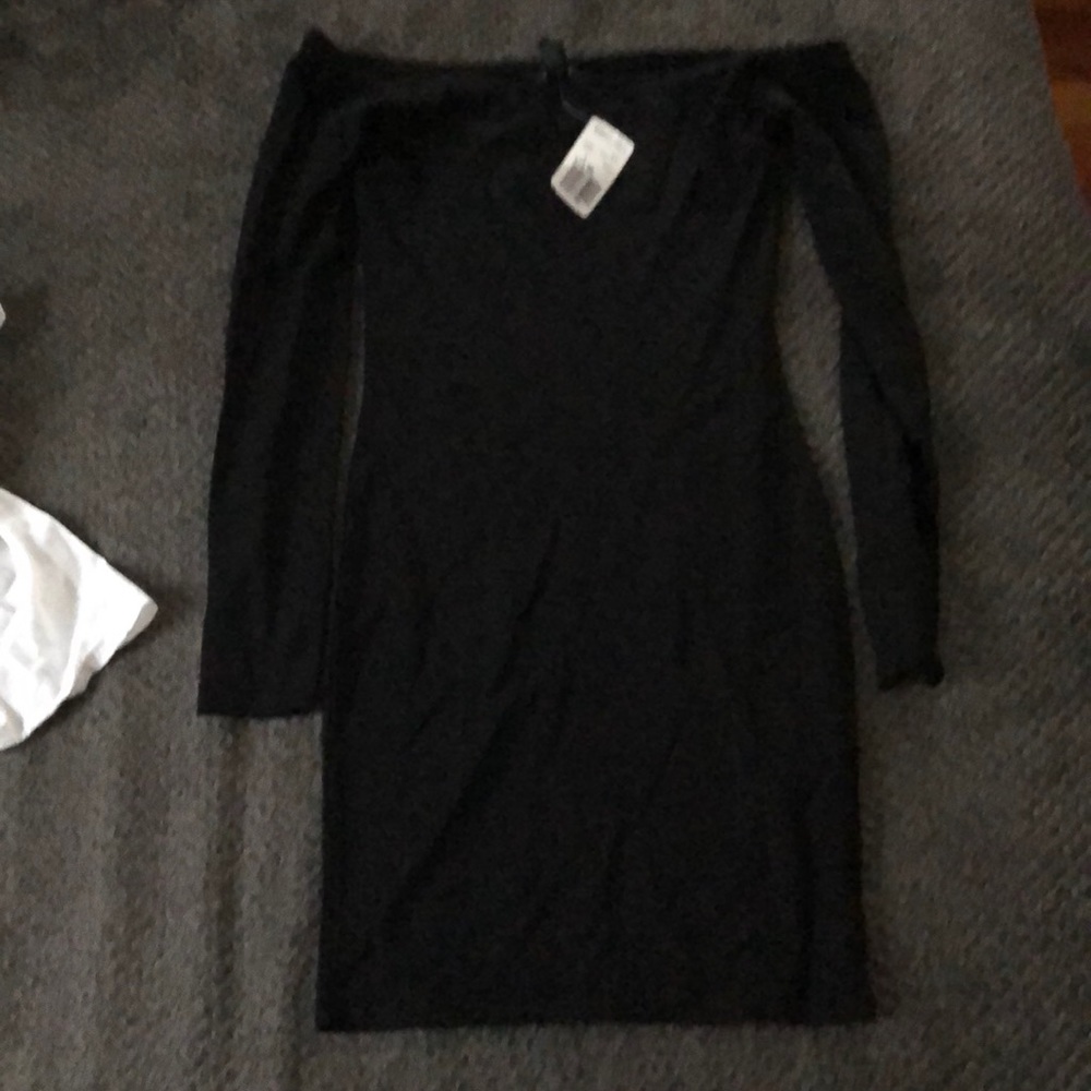 Never worn nwt black off shoulder mini dress